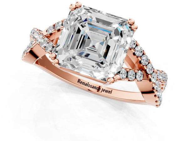 Rose gold Asscher Solitaire Twist Band with Pavé Setting and Four-Prong Setting_73