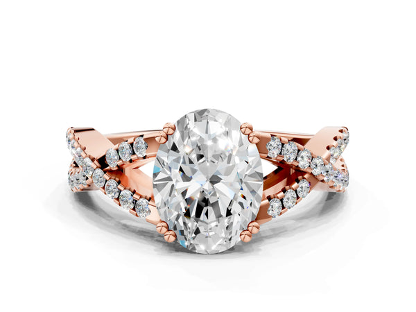 Rose gold Oval Solitaire Twist Band with Pavé Setting and Four-Prong Setting_42