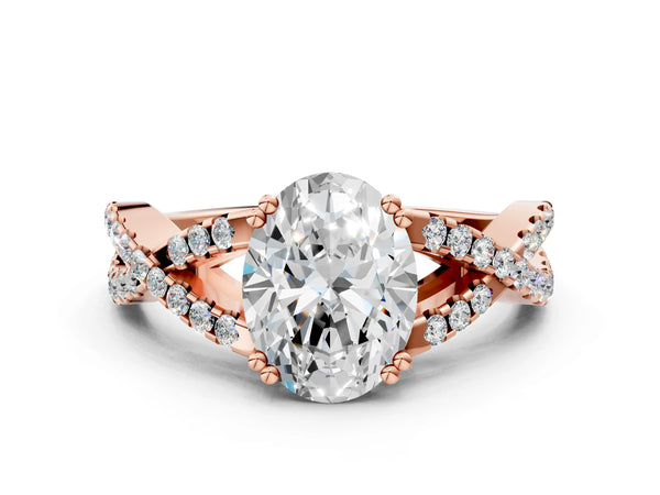 Rose gold Oval Solitaire Twist Band with Pavé Setting and Four-Prong Setting_66