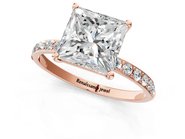 Rose gold Princess Cut Diamond Pavé Band Solitaire Ring with Four-Prong Setting_13
