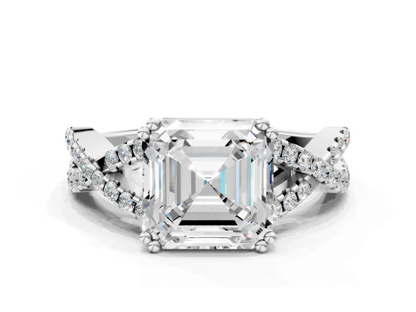 White gold Asscher Solitaire Twist Band with Pavé Setting and Four-Prong Setting_24