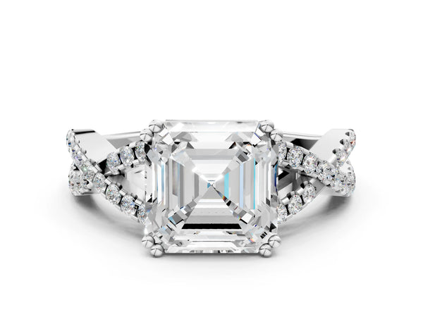 White gold Asscher Solitaire Twist Band with Pavé Setting and Four-Prong Setting_42