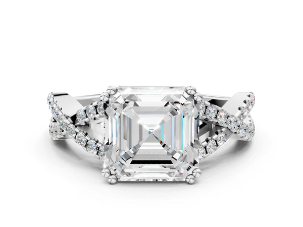 White gold Asscher Solitaire Twist Band with Pavé Setting and Four-Prong Setting_54