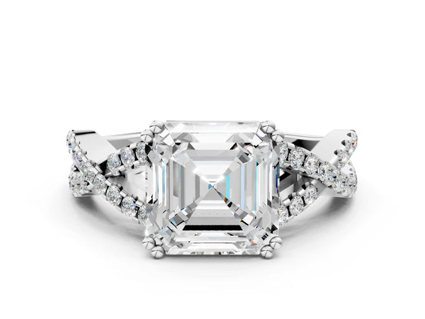 White gold Asscher Solitaire Twist Band with Pavé Setting and Four-Prong Setting_72