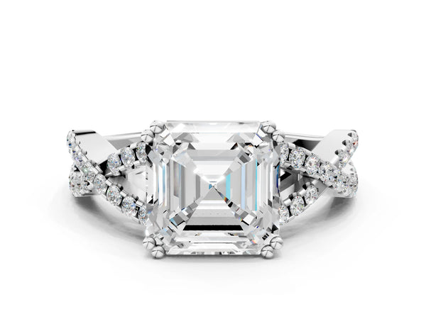 White gold Asscher Solitaire Twist Band with Pavé Setting and Four-Prong Setting_78