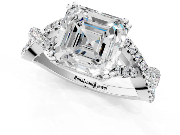 White gold Asscher Solitaire Twist Band with Pavé Setting and Four-Prong Setting_85