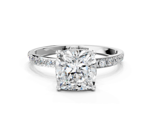 White gold Cushion Cut Diamond Pavé Band Solitaire Ring with Four-Prong Setting_18