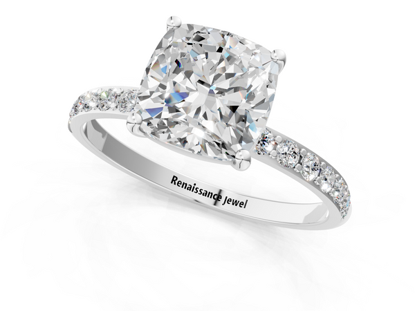 White gold Cushion Cut Diamond Pavé Band Solitaire Ring with Four-Prong Setting_19