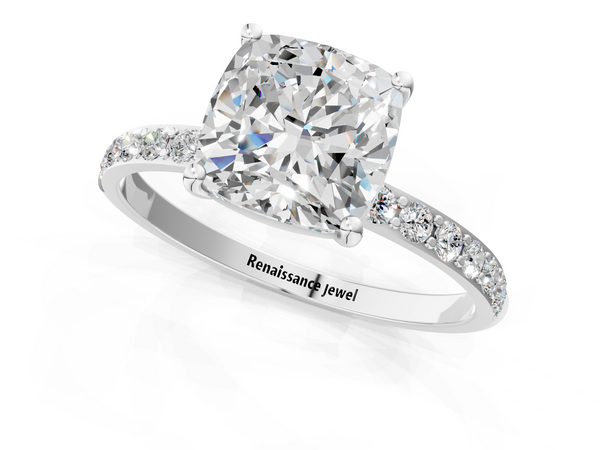 White gold Cushion Cut Diamond Pavé Band Solitaire Ring with Four-Prong Setting_67