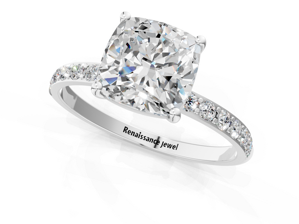 White gold Cushion Cut Diamond Pavé Band Solitaire Ring with Four-Prong Setting_91