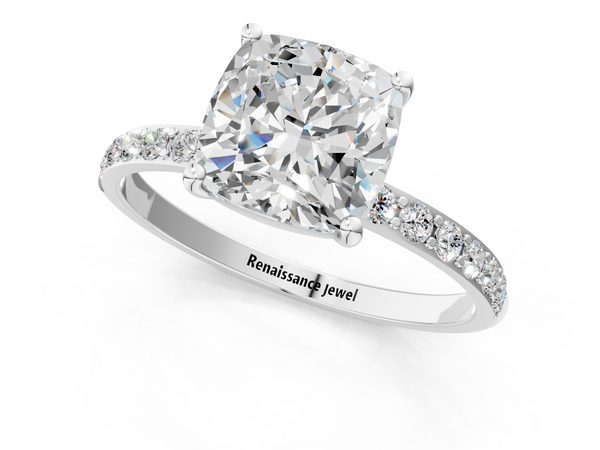 White gold Cushion Cut Diamond Pavé Band Solitaire Ring with Four-Prong Setting_97