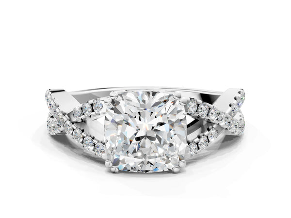 White gold Cushion Solitaire Twist Band with Pavé Setting and Four-Prong Setting_48