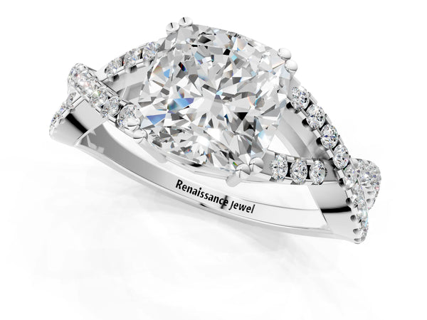 White gold Cushion Solitaire Twist Band with Pavé Setting and Four-Prong Setting_55