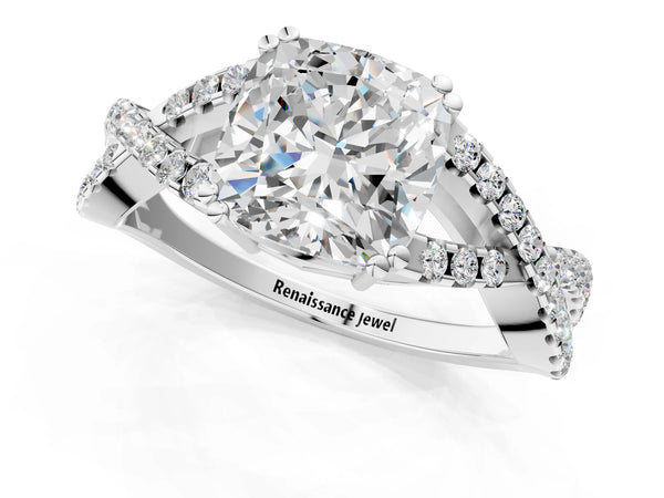 White gold Cushion Solitaire Twist Band with Pavé Setting and Four-Prong Setting_79