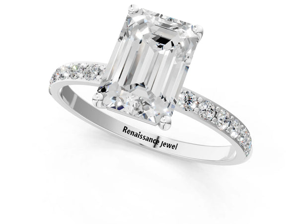 White gold Emerald Cut Diamond Pavé Band Solitaire Ring with Four-Prong Setting_13