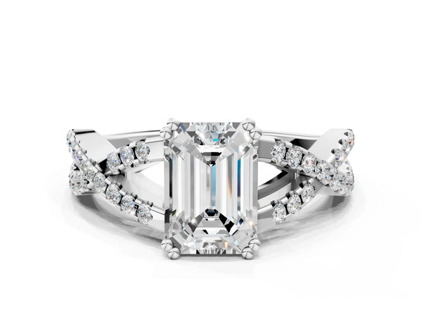 White gold Emerald Solitaire Twist Band with Pavé Setting and Four-Prong Setting_12