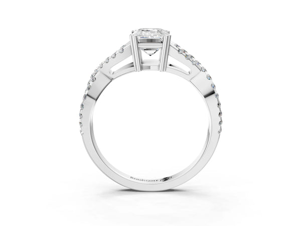 White gold Emerald Solitaire Twist Band with Pavé Setting and Four-Prong Setting_15