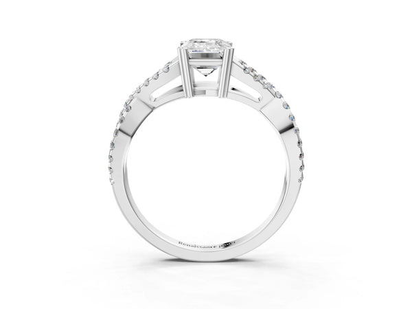 White gold Emerald Solitaire Twist Band with Pavé Setting and Four-Prong Setting_45