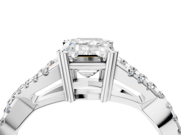 White gold Emerald Solitaire Twist Band with Pavé Setting and Four-Prong Setting_58