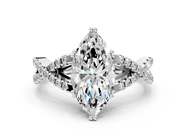 White gold Marquise Solitaire Twist Band with Pavé Setting and Four-Prong Setting_24