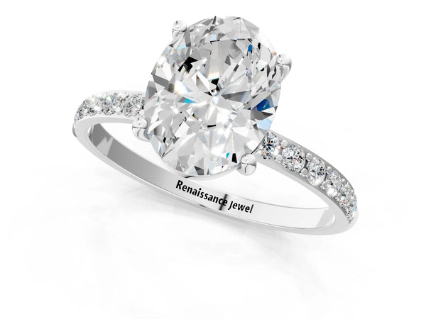 White gold Oval Cut Diamond Pavé Band Solitaire Ring with Four-Prong Setting_31