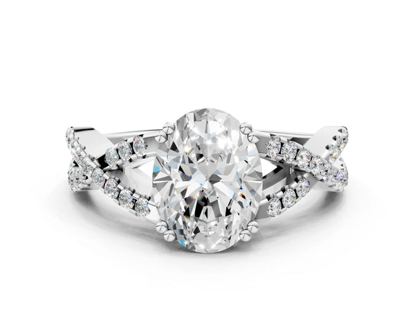 White gold Oval Solitaire Twist Band with Pavé Setting and Four-Prong Setting_18