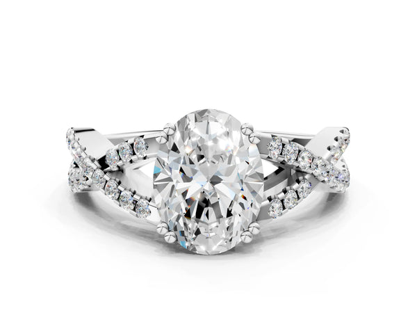 White gold Oval Solitaire Twist Band with Pavé Setting and Four-Prong Setting_42