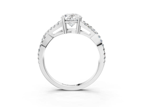 White gold Oval Solitaire Twist Band with Pavé Setting and Four-Prong Setting_51