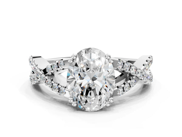 White gold Oval Solitaire Twist Band with Pavé Setting and Four-Prong Setting_90