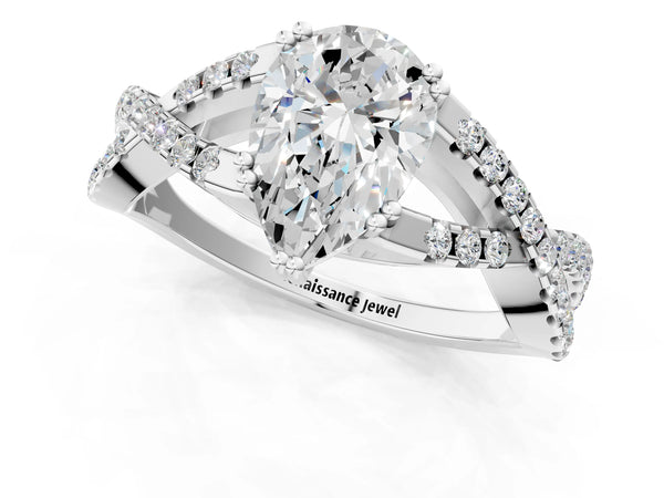 White gold Pear Solitaire Twist Band with Pavé Setting and Four-Prong Setting_13
