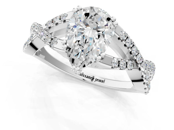 White gold Pear Solitaire Twist Band with Pavé Setting and Four-Prong Setting_19