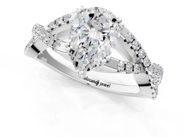 White gold Pear Solitaire Twist Band with Pavé Setting and Four-Prong Setting_43