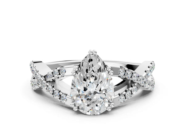 White gold Pear Solitaire Twist Band with Pavé Setting and Four-Prong Setting_60