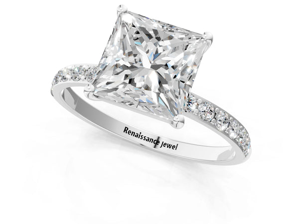 White gold Princess Cut Diamond Pavé Band Solitaire Ring with Four-Prong Setting_43