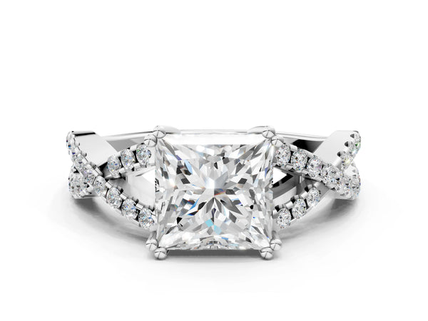 White gold Princess Solitaire Twist Band with Pavé Setting and Four-Prong Setting_78