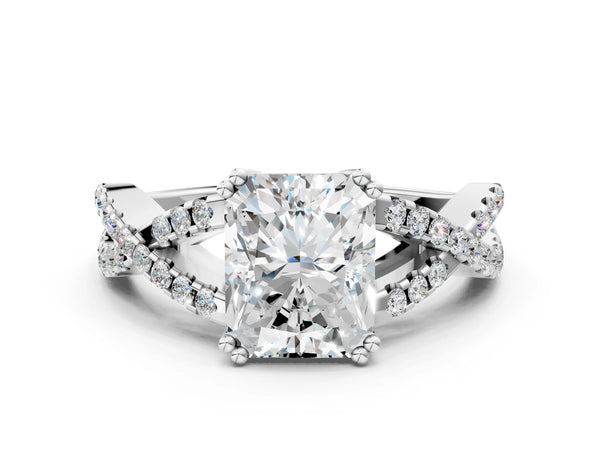 White gold Radiant Solitaire Twist Band with Pavé Setting and Four-Prong Setting_30