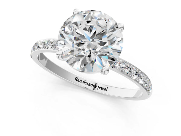 White gold Round Cut Diamond Pavé Band Solitaire Ring with Four-Prong Setting_49