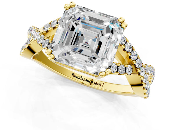 Yellow gold Asscher Solitaire Twist Band with Pavé Setting and Four-Prong Setting_49