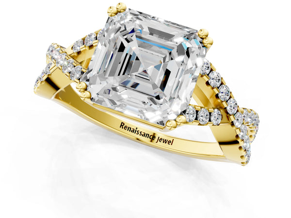 Yellow gold Asscher Solitaire Twist Band with Pavé Setting and Four-Prong Setting_79