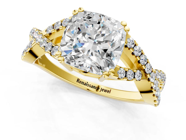 Yellow gold Cushion Solitaire Twist Band with Pavé Setting and Four-Prong Setting_25