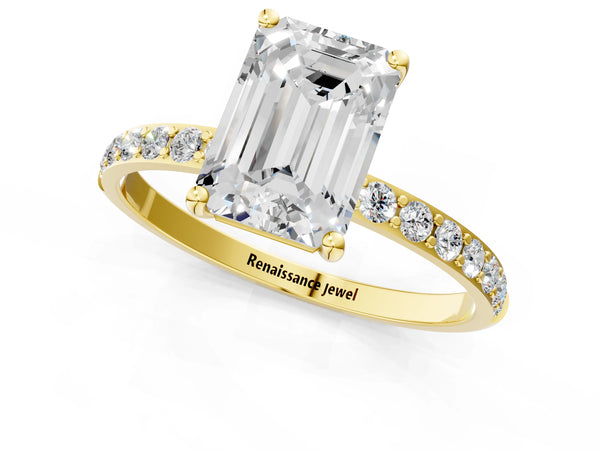 Yellow gold Emerald Cut Diamond Pavé Band Solitaire Ring with Four-Prong Setting_61
