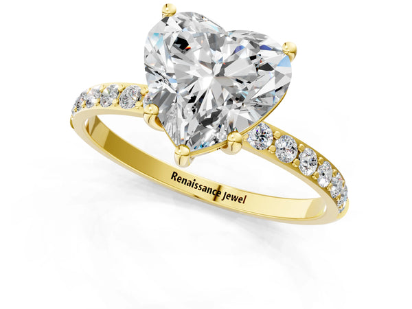 Yellow gold Heart Cut Diamond Pavé Band Solitaire Ring with Four-Prong Setting_103