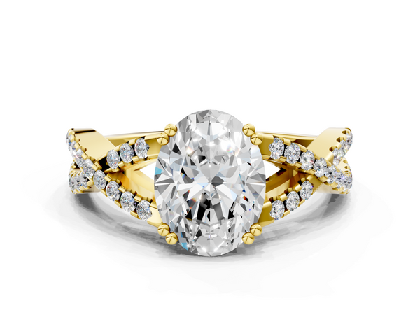 Yellow gold Oval Solitaire Twist Band with Pavé Setting and Four-Prong Setting