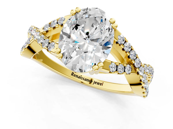 Yellow gold Oval Solitaire Twist Band with Pavé Setting and Four-Prong Setting_61