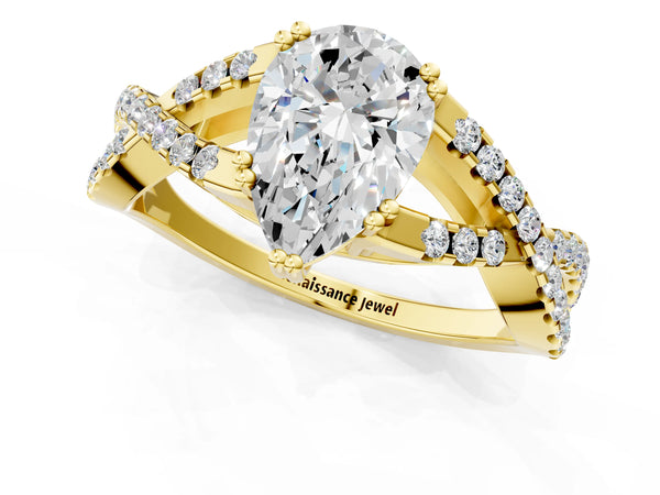 Yellow gold Pear Solitaire Twist Band with Pavé Setting and Four-Prong Setting_73