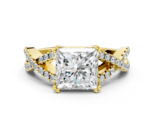 Yellow gold Princess Solitaire Twist Band with Pavé Setting and Four-Prong Setting_66