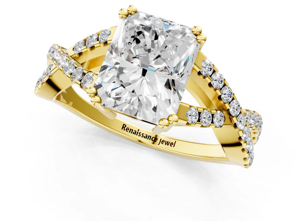 Yellow gold Radiant Solitaire Twist Band with Pavé Setting and Four-Prong Setting_43