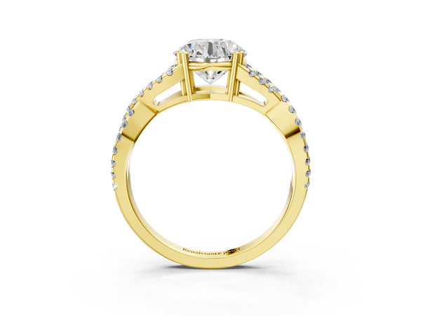 Yellow gold Round Solitaire Twist Band with Pavé Setting and Four-Prong Setting_75