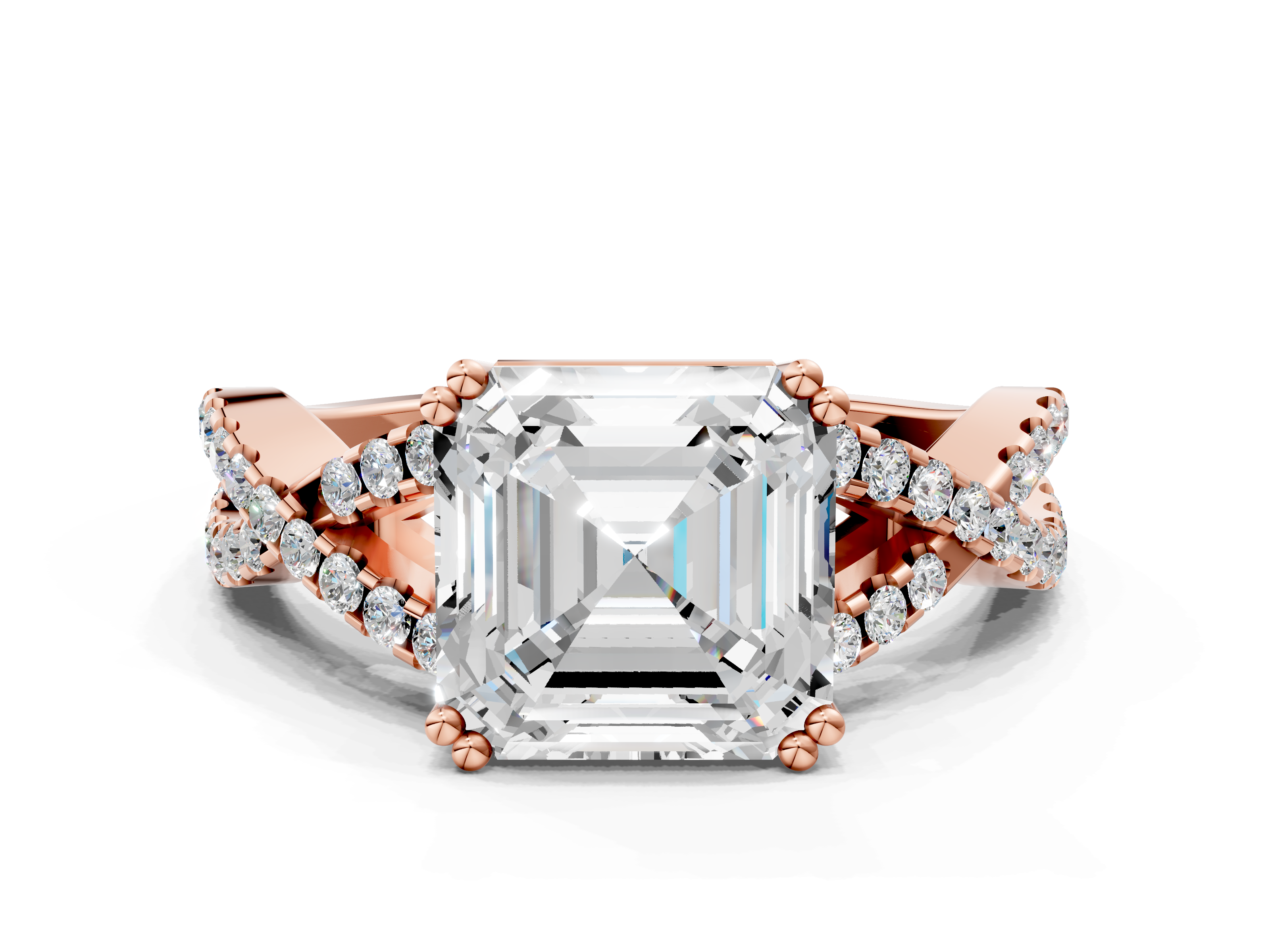 Rose gold Asscher Solitaire Twist Band with Pavé Setting and Four-Prong Setting