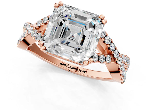 Rose gold Asscher Solitaire Twist Band with Pavé Setting and Four-Prong Setting_37
